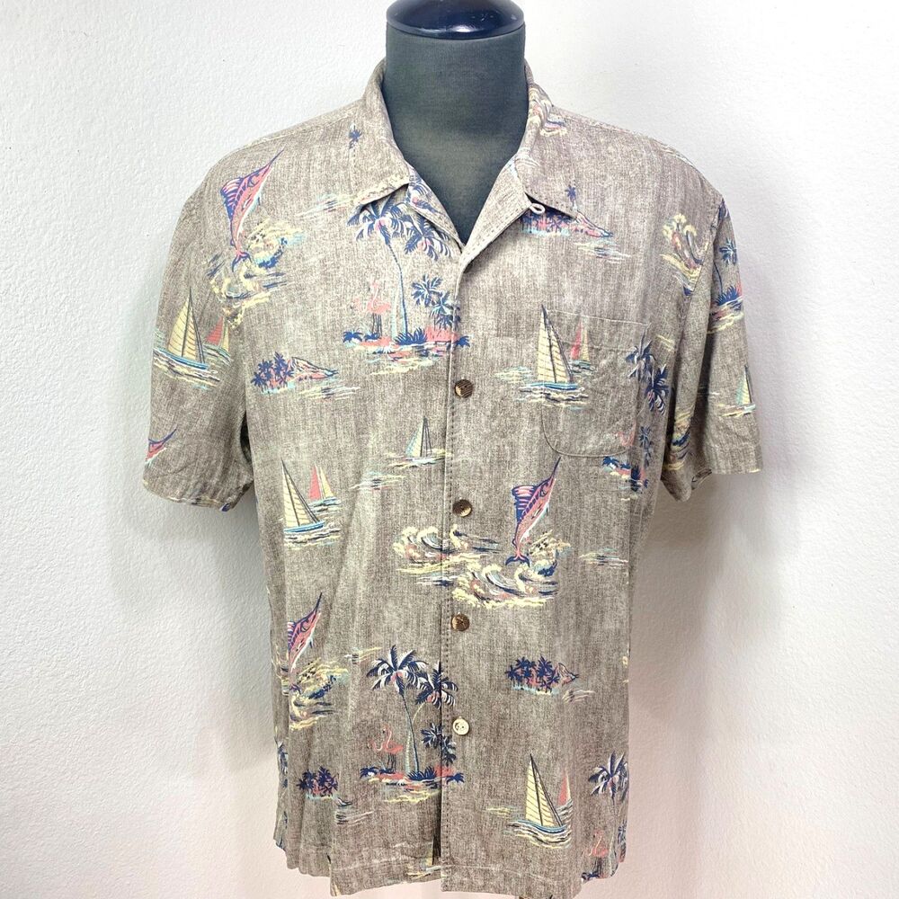 Tommy Bahama Lite Brown Silk Mens Shirt XL Aloha Tropical Sailboats Short Sleeve